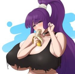 1girls banana big_breasts black_tank_top blowjob_gesture blush breast_focus breasts cleavage eiken female female_only food huge_breasts kirika_misono large_breasts lips looking_at_viewer massive_breasts muundae neckwear nipple_bulge ponytail purple_eyes purple_hair solo solo_female tank_top topwear