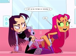 2girls blackfire cartoon_network dc dialogue dildo double_dildo female green_eyes incest komand'r koriand'r multiple_girls orange_skin sex sex_toy sisters starfire sweating teen_titans teen_titans_go yuri zsky