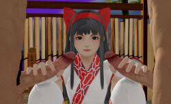 1girls 2boys 3d ainu_clothes female fingerless_gloves grey_eyes grey_hair hair_ribbon handjob king_of_fighters king_of_fighters_xiv long_hair looking_at_viewer male nakoruru penis ponhiki samurai_shodown smile snk