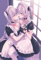 2girls alternate_costume apron breasts female female_only fuyutsuki_(kantai_collection) gloves grey_hair half_gloves highres holding_hands interlocked_fingers kabocha_torute kantai_collection kissing long_hair looking_at_another maid maid_apron maid_headdress medium_breasts multiple_girls side_ponytail suzutsuki_(kantai_collection) waist_apron window yuri