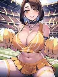 ai_generated blue_hair brown_hair cheerleader cheerleader_uniform choker earrings large_breasts necklace pleated_skirt pom_poms short_hair smile stadium_background tagme thighhighs two_tone_hair undercolor_(hair)