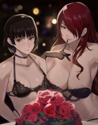 2girls areola_slip asymmetrical_docking atlus bare_shoulders black_bra black_choker black_hair black_panties bouquet bra braid breast_press breasts choker closed_mouth collarbone crown_braid earrings elbow_gloves female finger_to_mouth flower gloves hair_over_one_eye highres index_finger_raised j@ck jewelry lace-trimmed_bra lace_trim large_breasts long_hair looking_at_viewer makoto_niijima mature_female medium_breasts megami_tensei mitsuru_kirijo multiple_girls paid_reward_available panties persona persona_3 persona_5 red_eyes red_flower red_hair red_rose rose short_hair strap_gap strapless strapless_bra underwear underwear_only upper_body valentine valentine's_day