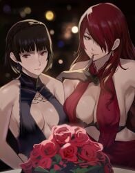 2girls asymmetrical_docking atlus bare_shoulders black_bra black_dress black_hair bouquet bra braid breast_press breasts closed_mouth crown_braid dress earrings elbow_gloves evening_gown female finger_to_mouth flower gloves hair_over_one_eye highres index_finger_raised j@ck jewelry large_breasts long_hair looking_at_viewer makoto_niijima mature_female medium_breasts megami_tensei mitsuru_kirijo multiple_girls persona persona_3 persona_5 red_dress red_eyes red_flower red_hair red_rose rose short_hair sleeveless sleeveless_dress underwear upper_body valentine