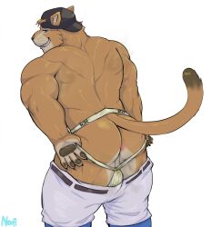 anthro anus ass baseball_cap baseball_uniform big_muscles blue_eyes clothed clothed/nude clothing cougar felid feline hat headgear headwear hi_res jockstrap looking_at_viewer looking_pleasured male mammal mexican_pacific_league muscular neofi nude simple_background smile solo sportswear underwear uniform white_background yaco_puma yaquis_de_obregon