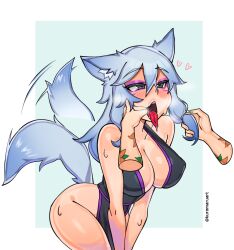 1girls big_breasts blue_hair commissioner_upload drooling eyeshadow facial_markings flower_tattoo fox fox_ears fox_girl fox_tail gray_hair heavy_breathing horny kunoichi kuromaru_(original_character) kuromaruart makeup tagme tattoo thick_thighs tongue_out wagging_tail