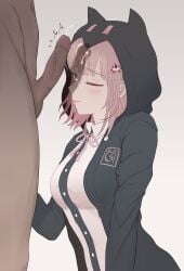 danganronpa danganronpa_2:_goodbye_despair facial female gon_(congchuabuoito) nanami_chiaki neck_ribbon open_clothes open_jacket penis pink_ribbon ribbon shirt straight_hair white_shirt