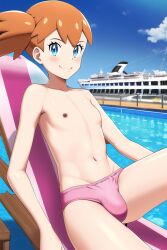 1boy ai_generated belly_button blue_eyes bulge bulge_through_clothing femboy genderswap_(ftm) kasumi_(pokemon) male male_only nipples novelai pokemon ponytail red_hair rule_63 side_ponytail solo swim_briefs swimsuit topless