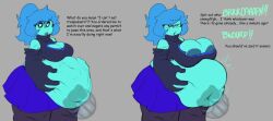 big_belly big_breasts blue_skin breast_expansion breasts burp burping cyan digested digesting digestion fat female female_pred friday_night_funkin heart-shaped_pupils holding_belly looking_at_viewer mysteryfirecreature pudge skirt skyblue_(cosplay) thick_thighs thighs vore vore_belly