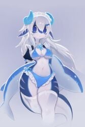 1girls 2022 anthro big_tail bikini blue_bikini blue_body blue_clothing blue_eyes blue_horn blue_scales blue_swimwear clothing curled_horn dragon dragon_horns female female_only fish frilly_bikini horn horns looking_at_viewer maid_headdress marine scales shark soda_(soda_uyu) soda_uyu solo stockings swimwear tail thick_thighs thighhighs very_high_resolution white_stockings