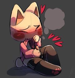 anthro bj_(artist) blush blushing_profusely bodily_fluids bottomless clothed clothing clothing_lift cum domestic_cat felid feline felis genital_fluids heart hi_res hoodie legwear male mammal masturbation pawpads shirt shirt_lift solo sony_corporation sony_interactive_entertainment stockings tail tail_motion tailwag topwear toro_inoue