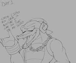 anthro chain_necklace crocodile crocodilian crocodylid dialogue english_text headphones jewelry kappa_spark male male_only monochrome muscular muscular_male necklace no_nut_november reptile scalie sega sketch solo sonic_(series) sonic_the_hedgehog_(series) text vector_the_crocodile