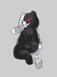 1boy 2023 anthro anus ass bear black_body black_butt black_nose blush butt danganronpa furry genetic_chimerism grey_background grin hi_res male male_only mammal monokuma multicolored_body multicolored_butt nude red_eyes simple_background smile solo split_color spunkerart straight_hair teeth two_tone_body white_body white_butt