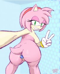 amy_rose anthro areola armpits ass bedroom_eyes breasts buttplug eulipotyphlan female genitals hedgehog hi_res jenokamui jetfrozen looking_at_viewer looking_back mammal narrowed_eyes nipples nude pink_body plug_(sex_toy) pussy seductive sega sex_toy simple_background smile solo sonic_(series) sonic_the_hedgehog_(series)