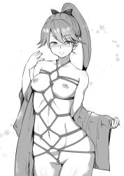 bondage bondage bondage bound breast_bondage breasts crotch_rope female greyscale hair_ribbon highres houshou_(kantai_collection) japanese_clothes kantai_collection kimono long_hair monochrome nokishita_kumoemon nude ponytail ribbon rope solo