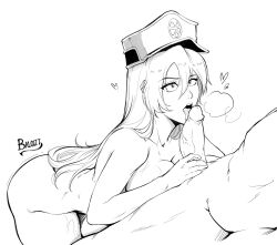 1boy artist_name balgitt bambietta_basterbine bleach bleach:_the_thousand-year_blood_war breasts commentary_request completely_nude fellatio female hair_between_eyes hat heart heavy_breathing highres licking licking_penis long_hair medium_breasts military_hat nude oral penis signature solo_focus spanish_commentary straight