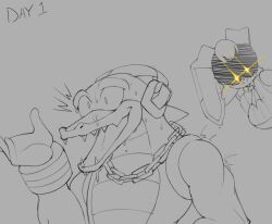 anthro chain_necklace crocodile crocodilian crocodylid headphones jewelry kappa_spark lagomorph leporid male mammal monochrome muscular muscular_male necklace no_nut_november rabbit reptile scalie sega sketch sonic_(series) sonic_the_hedgehog_(series) vanilla_the_rabbit vector_the_crocodile