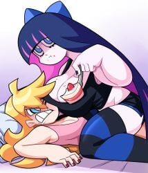 2girls annoyed bed black_hair blonde_hair blue_eyes breasts breasts_on_head cake eating huge_breasts looking_at_another looking_up panty_&_stocking_with_garterbelt panty_anarchy pink_hair ribbon stocking_anarchy stockings superspoe tagme