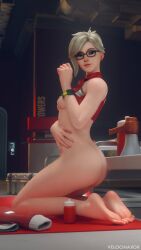 3d angela_ziegler blizzard_entertainment blonde_hair blue_eyes exposed_ass exposed_breasts exposed_nipples feet glasses lifeguard_mercy looking_at_viewer lowres mercy overwatch solo velocihaxor