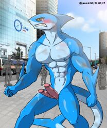 2_penises abs absurd_res alkan anthro big_pecs blue_body bodily_fluids city city_background cum diphallia diphallism erection fish genital_fluids genitals hi_res kashiver male marine multi_genitalia multi_penis multicolored_body muscular muscular_anthro muscular_male navel nipples nude nude_anthro nude_male pecs penis shark solo sweat tears two_tone_body yellow_eyes