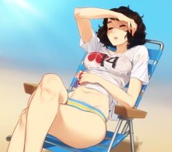 1girls arm_up atlus beach bikini bikini_bottom bikini_top black_eyes black_hair blush bottomwear breasts brown_hair closed_eyes clothing covering_face crossed_legs curly_hair erect_nipples erect_nipples_under_clothes feguimel female female_only hips human lawn_chair medium_hair megami_tensei navel nipples nipples_visible_through_clothing open_mouth pale_skin parted_lips persona persona_5 sadayo_kawakami see-through see-through_clothing sitting solo striped_bikini sunlight sweat swimsuit swimwear t-shirt thighs toned_female topwear wet_clothes wet_t-shirt white_shirt