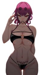 absurdres ass black_panties blush breasts cleavage clothes_in_mouth collarbone eyewear_on_head female highres holding honkai:_star_rail honkai_(series) kafka_(honkai:_star_rail) large_breasts long_hair looking_at_viewer myth1c navel panties purple_eyes purple_hair round_eyewear smile solo sunglasses underwear_aside