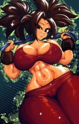 1girls abs big_breasts breasts cameltoe dragon_ball dragon_ball_super dragon_ball_z grin huge_boobs huge_breasts juggertuul kefla legs_together muscles muscular_female solo sparkles sports_bra sweaty_body sweaty_breasts thick_body thick_legs thick_thighs training voodothull wet