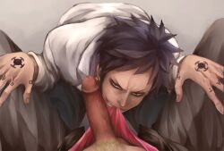 2boys black_hair blowjob_only donquixote_doflamingo erection gay grin high-angle_view imminent_oral kizna long_sideburns looking_at_viewer male male_only male_pov male_pubic_hair one_piece penis penis_out pov retracted_foreskin smile solo_focus tattoos trafalgar_law underwear veiny_penis yaoi