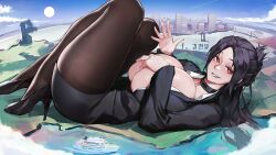 1girls black_hair bluecup collar commission giantess giga_giantess heels high_heels huge_thighs laying_down laying_on_back looking_at_viewer mature_female office_lady overflowing_breasts pantyhose smile smiling smug solo solo_female solo_focus thick_thighs thighs waving waving_at_viewer yuu_bit-na_(kindaichi109)