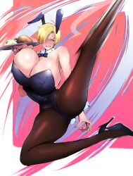 action_pose anger_vein angry big_breasts blonde_hair blush bowtie breasts_bigger_than_head bunny_ears bunny_girl bunny_tail bunnysuit cigarette cigarette_in_mouth cleavage clenched_teeth detached_collar female female_only full_body genderswap_(mtf) gigantic_breasts hair_over_one_eye high_heels high_kick huge_breasts kicking leg_up one_piece pantyhose romo_(samesameyeah) rule_63 samesameyeah short_hair solo thick_thighs tray very_short_hair vinsmoke_sanji