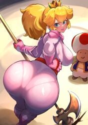 1boy 1girls ass ass_focus big_ass biker_peach blonde_hair bodysuit breasts bubble_butt clothed clothing crown female human long_hair mario_(series) nintendo nuezou pale_skin panties_visible_through_clothing pantylines pink_lipstick ponytail presenting presenting_hindquarters princess_peach super_mario_bros._(2023_film) tight_clothing toad_(mario) weapon