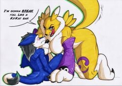 anthro bandai_namco black_sclera blue_eyes breasts canid claws digimon digimon_(species) dominant dominant_female duo eyeshadow female fur hi_res larger_female makeup male male/female mammal nipples renamon rotten_owl sergal simple_background size_difference traditional_media_(artwork) tuft white_background white_body white_fur yellow_body yellow_fur