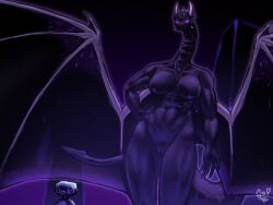 anthro big_breasts black_body buff dark_skin dragon ender_dragon female furry glowing_eyes glowing_genitalia gop jean_(minecraft) minecraft muscular_female naked nude purple_body purple_eyes steve_(minecraft)