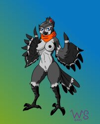 anthro avian avian_feet beak breasts breath_of_the_wild fan_character feathers female genitals grey_body hi_res medium_breasts nintendo nipples pussy rito scarf solo the_legend_of_zelda winter_sunshine