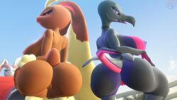 16:9 3d_(artwork) anthro ass bedroom_eyes big_butt breasts digital_media_(artwork) duo female genitals hi_res looking_at_viewer looking_back lopunny narrowed_eyes nintendo nipples nude outside pervertguy341 pokemon pokemon_(species) pussy salazzle seductive sky source_filmmaker widescreen