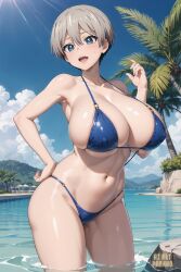 1girls ai_art_panwho ai_generated beach bikini blue_bikini blue_eyes blush breasts female female_only grey_hair huge_breasts light-skinned_female light_skin naughty_face outdoors short_hair solo stable_diffusion thighs uzaki-chan_wa_asobitai! uzaki_hana