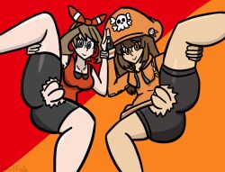 2girls chillfab guilty_gear guilty_gear_strive may_(guilty_gear) may_(pokemon) may_(pokemon_oras) multiple_girls pokemon pokemon_oras posing pussy pussy_exposed ripped_pants