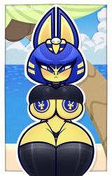 animal_crossing ankha barely_clothed barely_covered_breasts beach big_breasts big_hips covered_nipples female female_only princess_jomes ripped_clothing underboob