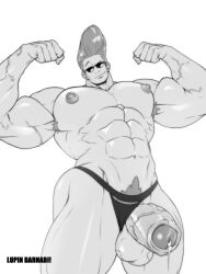 1boy abs almost_naked armpit_hair artist_name balls ballsack bara beefy big_balls big_muscles big_pecs big_penis boner bottomwear bottomwear_aside buff erection foreskin foreskin_folds greyscale hi_res highres human intact johnny_bravo johnny_bravo_(series) larger_male looking_at_viewer looking_down lupin_barnabi male male_focus male_nipples male_only male_pubic_hair male_thong manly monochrome muscles muscular_male naked naked_male partially_retracted_foreskin pecs pectorals penis penis_out presenting presenting_penis pubes scrotum semi-erect showing_off smooth_skinned_male solo sunglasses testicles thong thong_aside toony uncut underwear underwear_aside underwear_only veins veiny_penis veiny_testicles viewed_from_below