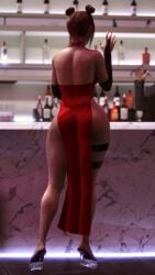 ass back back_view bare_legs butt_crack dress female hair_buns high_heels legs loincloth_dress no_bra no_panties no_underwear open_toe_shoes party platform_heels red_dress revealing_clothes squarepeg3d