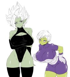 2girls big_breasts breasts busty cheelai cleavage clothed core_person dragon_ball dragon_ball_super female_only female_zamasu fused_zamasu green_skin grey_eyes multiple_girls potara_earrings potara_fusion purple_eyes rule_63 super_saiyan_rose thighhighs voluptuous white_background white_hair zamasu