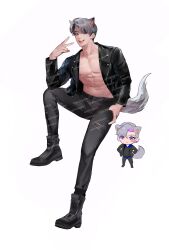 1boy 3d abs flirtatious flirting_look flirting_with_viewer full_color grin half-dressed handsome leather_clothing leather_jacket light-skinned_male light_skin looking_at_viewer male male_focus male_only muscular muscular_male naughty_face naughty_smile nekomimi original_character peace_sign posing rape_face seduction seductive seductive_eyes seductive_gaze seductive_look seductive_mouth seductive_smile smirk tagme tail tailed_humanoid teasing toned_male tongue_out twink watermark white_hair