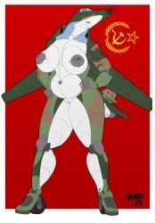 aeromorph aircraft aircraft_humanoid airplane anthro belly big_breasts breasts camo engine female flat_colors hands_on_hips havoc63 hi_res jet living_aircraft living_machine living_vehicle machine mig-27 navel simple_background slightly_chubby solo soviet_flag tail vehicle wings