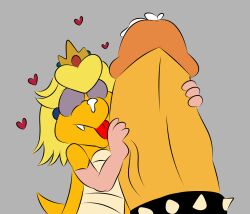 2023 2boys blonde_hair bowser cock_ring crossdressing cum grey_background heart hearts kamek male male_only mario_(series) multiple_boys nintendo penis precum princess_kamek princess_peach_(cosplay) simple_background spiked_cock_ring super_mario_bros._(2023_film) tongue