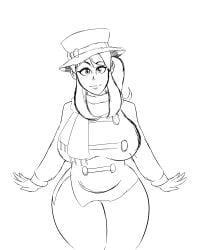 a_hat_in_time black_and_white breast_expansion cape hat hat_adult hat_kid huge_breasts jacket looking_at_viewer monochrome pants smile smiling thick thick_ass thick_body thick_breasts thick_butt thick_hips thick_legs tight_clothes tight_clothing tight_pants voluptuous voluptuous_female xiceowl