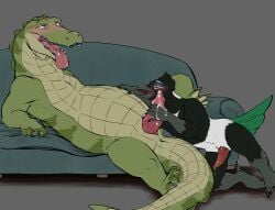 alligator alligatorid animal_genitalia animal_penis anthro anus avian benji_(artist) benji_alligator_(benji) bird black_body black_feathers blush bodily_fluids braces crocodilian crocodilian_penis crouching cum cum_on_hand cum_on_penis duo feathers furniture genital_fluids genitals handjob hi_res looking_pleasured lying_on_sofa male male/male on_sofa open_mouth penile penis reptile scalie sex sofa tail thick_tail tongue tongue_out white_body white_feathers