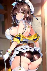 ai_generated alternate_color alternate_costume ass ass_focus atelier_(series) atelier_ryza atelier_ryza_3 bare_shoulders blush breasts brown_eyes brown_hair female from_behind garter_straps gloves hair_ribbon hairclip hat huge_ass large_breasts leotard looking_at_viewer looking_back maid maid_headdress reisalin_stout shiny shiny_clothes shiny_hair shiny_skin short_hair short_shorts shorts sideboob smile solo thick_thighs thighhighs