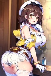 ai_generated alternate_color ass ass_focus atelier_(series) atelier_ryza atelier_ryza_3 bare_shoulders blush breasts brown_eyes brown_hair female from_behind garter_straps gloves hair_ribbon hairclip hat huge_ass large_breasts looking_at_viewer looking_back open_mouth reisalin_stout shiny shiny_clothes shiny_hair shiny_skin short_hair short_shorts shorts sideboob smile solo thick_thighs thighhighs