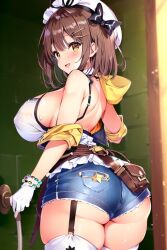 ai_generated alternate_color ass ass_focus atelier_(series) atelier_ryza atelier_ryza_3 bare_shoulders blush breasts brown_eyes brown_hair female from_behind garter_straps gloves hair_ribbon hairclip hat huge_ass large_breasts looking_at_viewer looking_back open_mouth reisalin_stout shiny shiny_clothes shiny_hair shiny_skin short_hair short_shorts shorts sideboob smile solo thick_thighs thighhighs