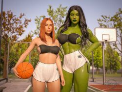 2girls 3d 3d_(artwork) artist_name avengers basketball basketball_(ball) basketball_court basketball_uniform big_breasts black_hair black_widow_(marvel) curvy digital_media_(artwork) female female_only fit fit_female green-skinned_female green_skin high_waisted_pants hourglass_figure hulk_(series) light-skinned_female light_skin long_hair marvel marvel_cinematic_universe merlynn multiple_girls muscular muscular_female natasha_romanoff outdoors red_hair s.h.i.e.l.d. scarlett_johansson she-hulk skimpy sports_uniform sportswear straight_hair themed_clothes thighs toned toned_female toned_stomach