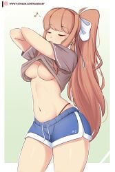 1girls artist_name brown_hair cleavage closed_eyes doki_doki_literature_club female female_only hair_ornament hair_ribbon hi_res highres long_hair monika_(doki_doki_literature_club) ponytail raionart removing_clothing shirt shirt_lift shorts simple_background singing thong underboob undressing watermark